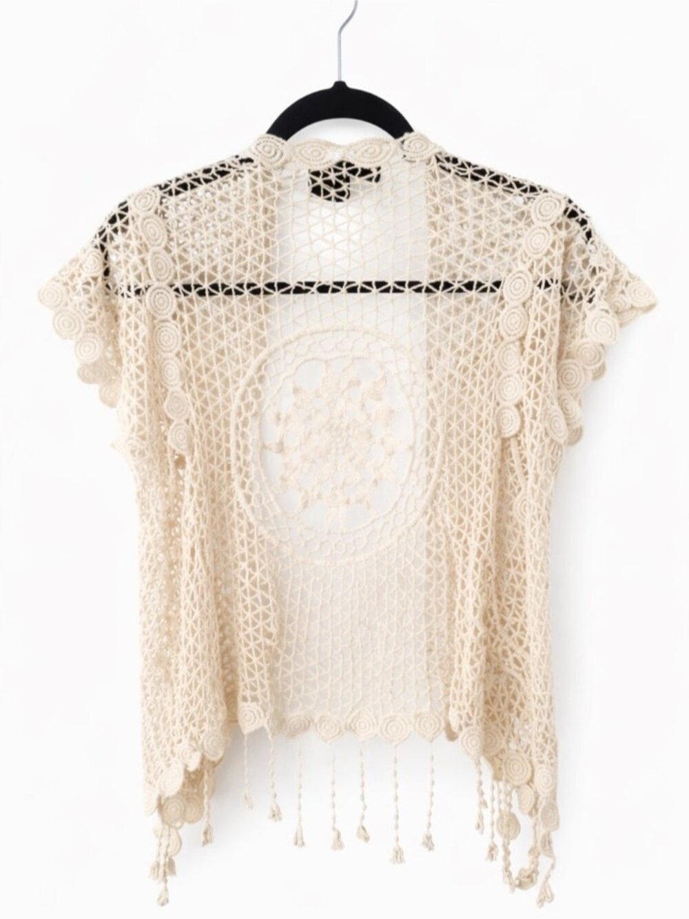 Crochet Lace Kimono Vest Cream Fringe Festival Cover Up M - Picture 2 of 4
